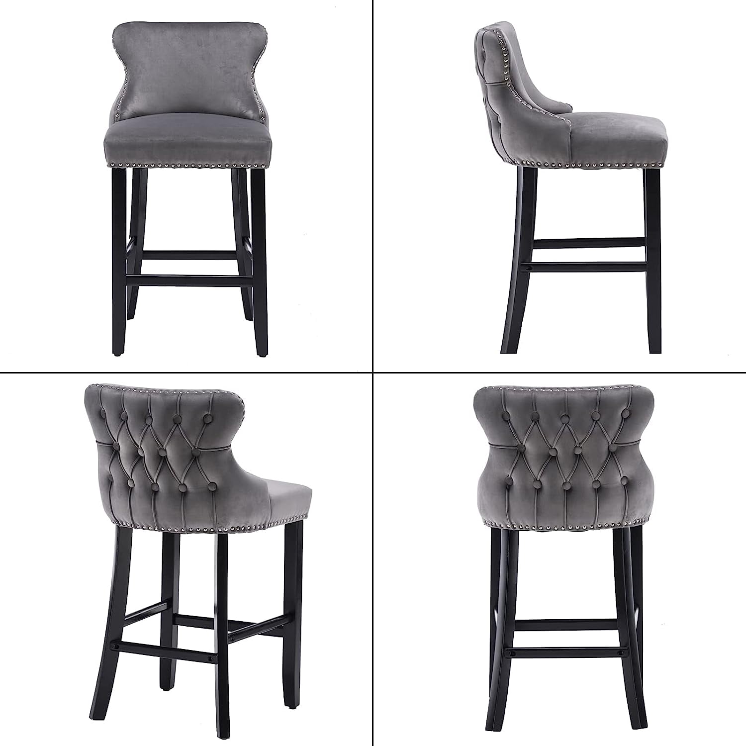 Seizeen Counter Height Bar Stools, Set of 2, Wing-back Velvet Dining Chairs with Soft Cushion, Solid Wood Legs, Button Tufted Decoration and Chrome Nailhead Trim, Gray