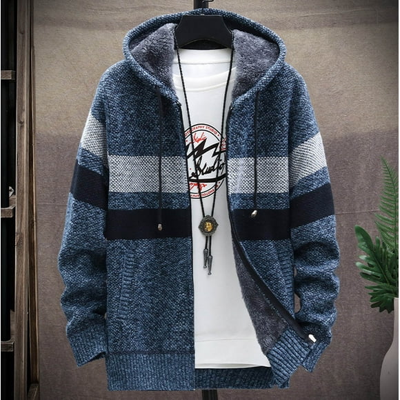 zanvin Casual Jackets for Men,Men's Fashion Gift Clearance,Men Casual Patchwork Long Sleeve Knitting Hooded Cardigan Zipper,Blue