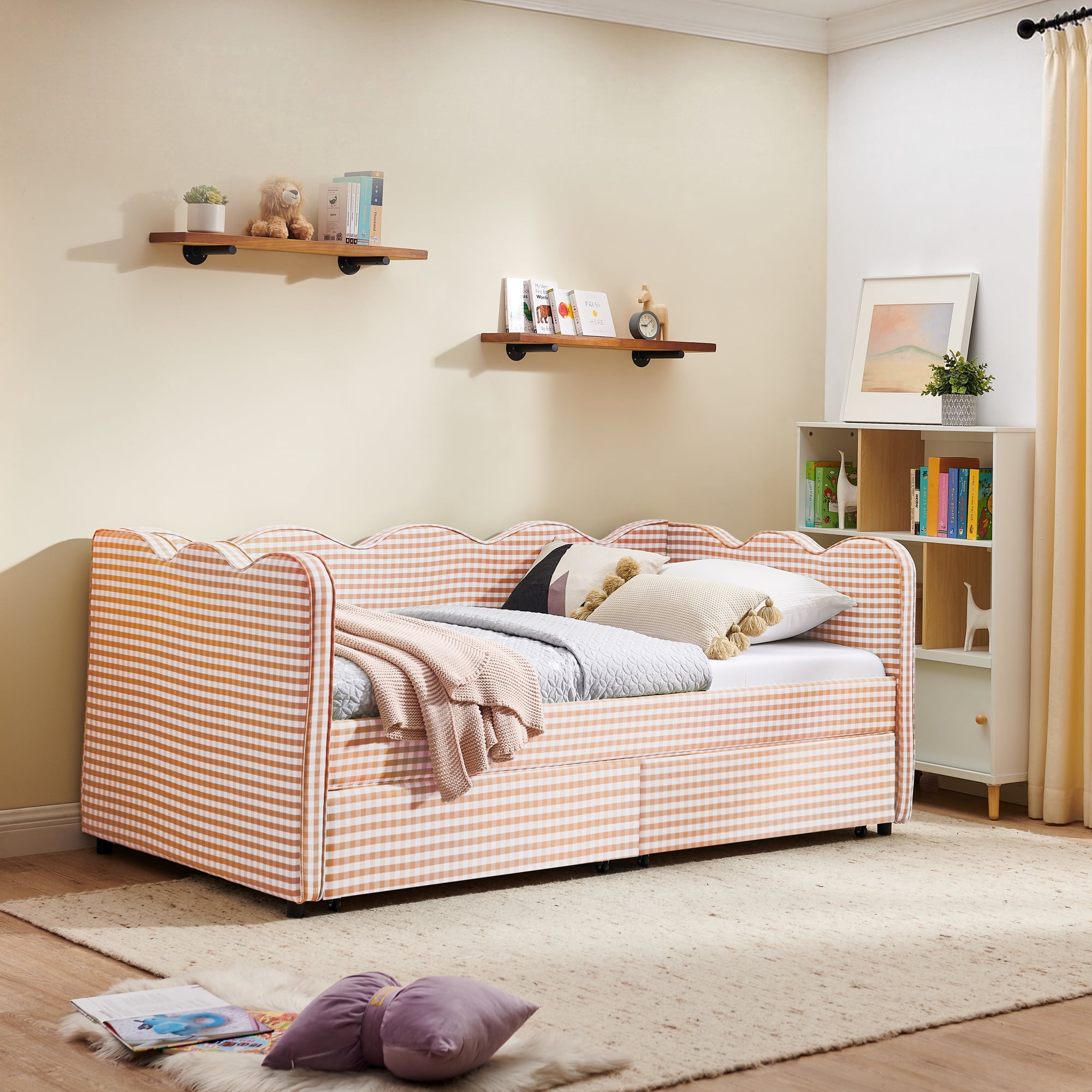 GARITIN Twin Size Daybed with 2 Storage Drawers, Gingham Sofa Bed with USB Port and Wavy Headboard for Kids Room, Pink