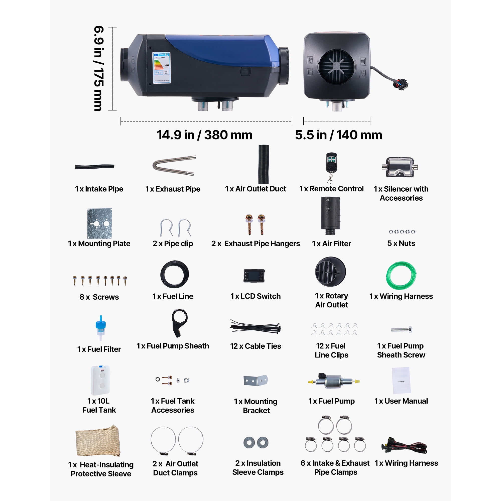 KFFKFF Portable Diesel Air Heater, 8KW, DC 12V/24V, Compact Heater with Remote Control and LCD Display, Efficient Heating, Quiet Operation, 2.6 Gal Fuel Tank for Cars, Vans, RVs, Campers, and Trucks