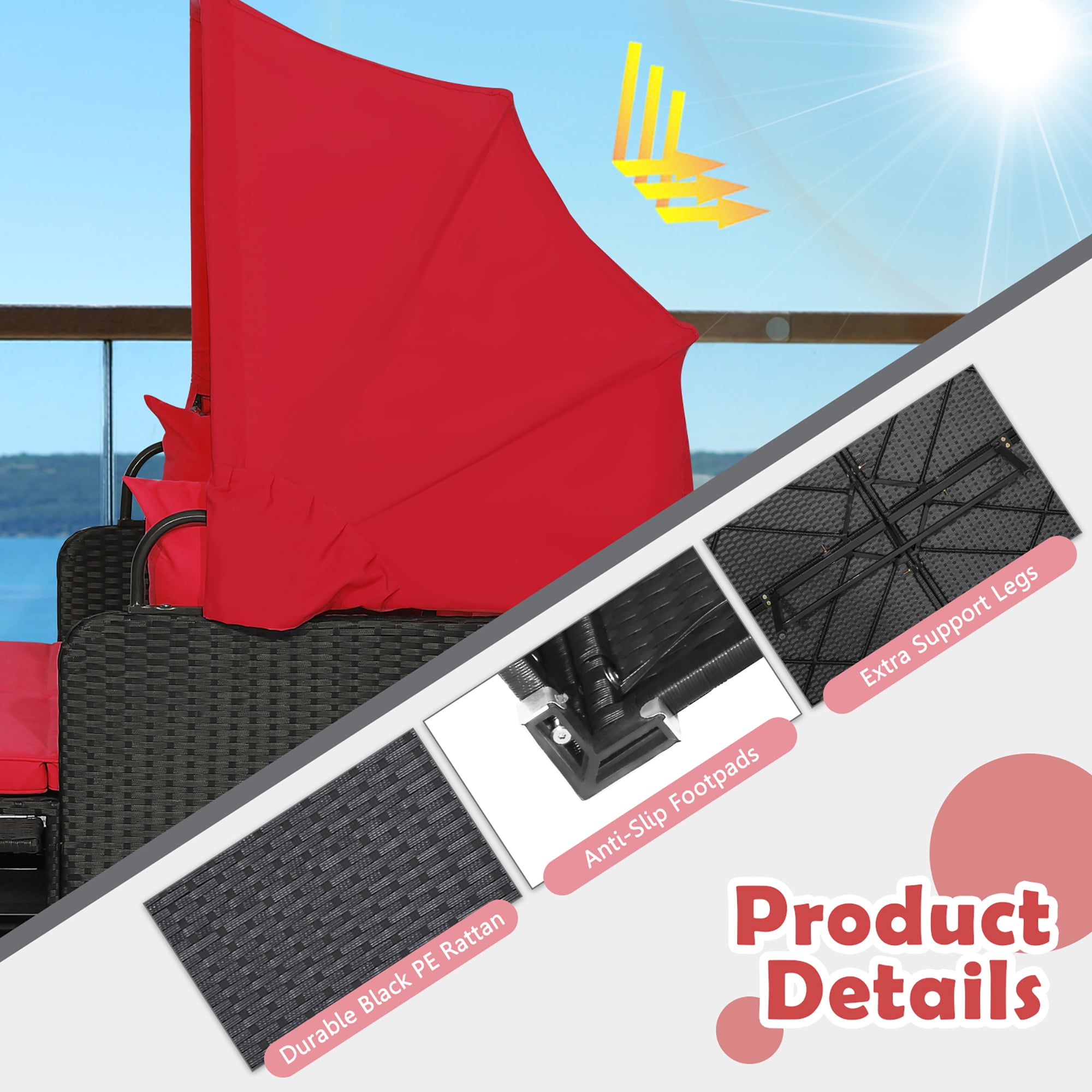 Costway Patio Rattan Daybed Lounge Retractable Top Canopy Side Tables Cushions Red