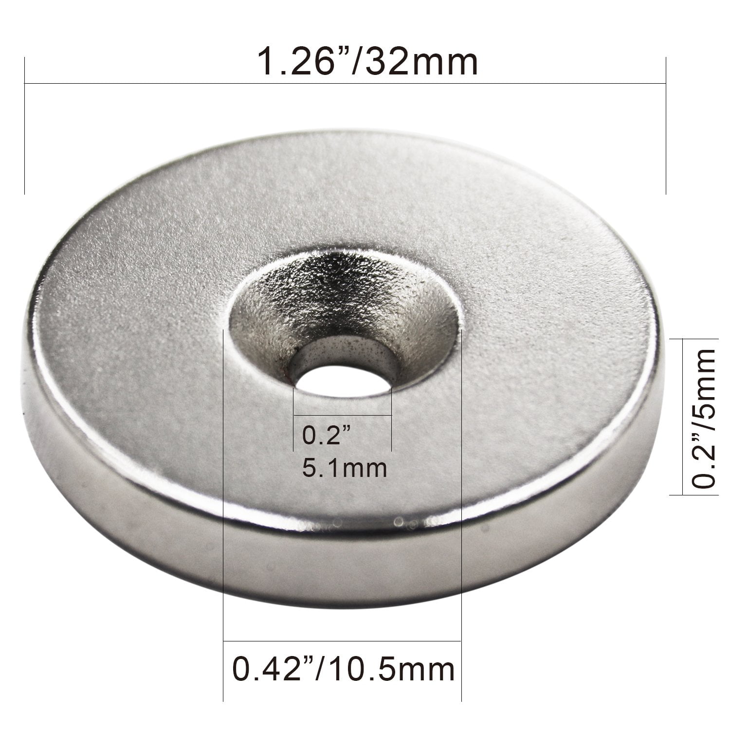 Neodymium Disc Countersunk Hole Magnet 1.26"D x 0.2"H Strong Permanent 