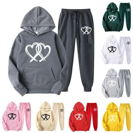 Feancey Prime Sales Today Clearance Womens Hoodie Sweat Suits 2 Piece Set Valentines Day Cute Lounge Sets Novelty Heart Print Hooded Pullover and Sweatpants Two Piece Outfits Red L