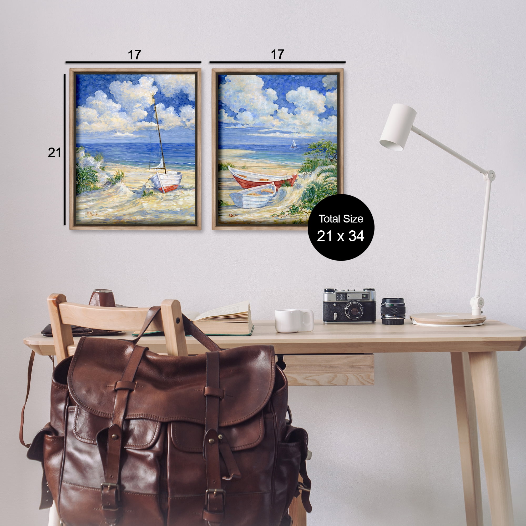 Stupell Industries Row Boat on Sandy Beach Nautical & Beach Painting Brown Floater Framed Canvas Art Print Wall Art, 17 x 21, Set of 2