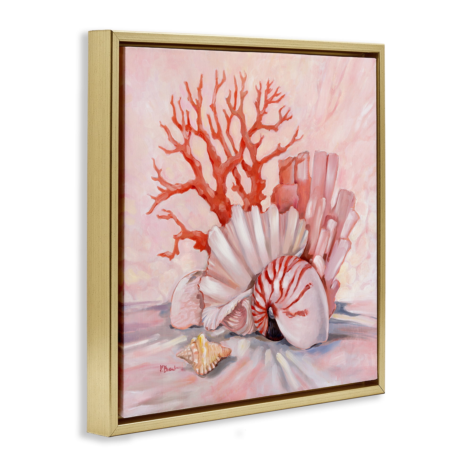 Stupell Industries Pink Coral Still Life Animals & Insects Painting Gold Floater Framed Canvas Art Print Wall Art, 25 x 25