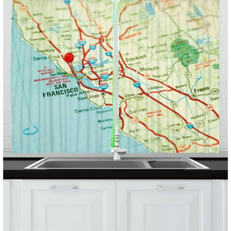 Green Bay Packer Window Curtains Map Curtains 2 Panels Set, Vintage Map of San Francisco Bay Area with Red Pin City Travel Location, Window Drapes for Living Room Bedroom, 55W X 39L Inches, Pale Blue Pale Green Red, by Ambesonne ()