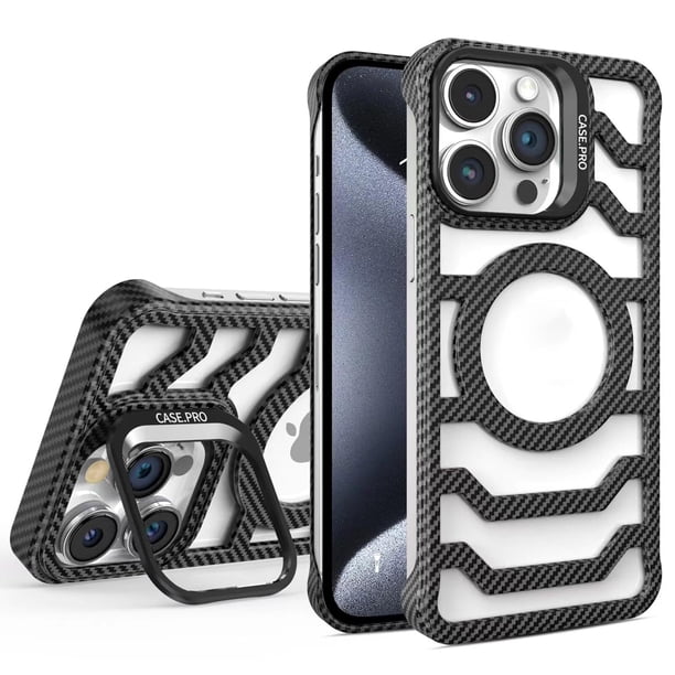 Funda de fibra de carbono con marco abierto para iPhone, con flujo de aire mejorado y imán. Geupday - Funda de fibra de carbono para iPhone 12, 13, 14, 15, 57 Plus, Pro Max, sin marco, magnética,