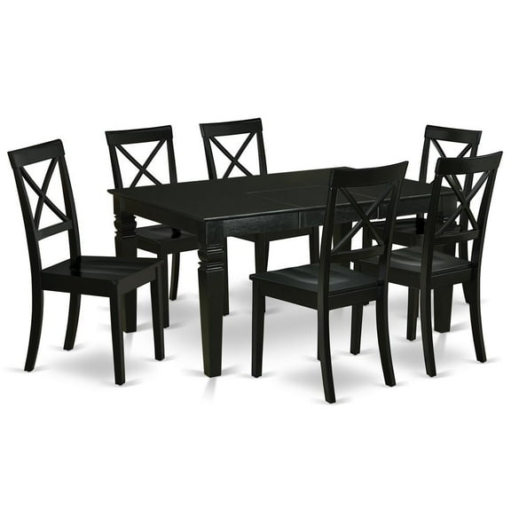 WEBO7-BLK-W 7Pc Rectangle 42/60" Kitchen Table With 18 In Leaf And 6 Wood Seat Dining Chairs