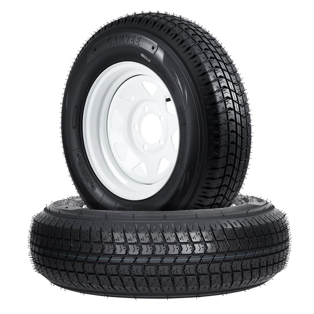 All-Weather Trailer Tire & Wheel Set - ST205/75D14, 6PR Load Range C, 5 Lug 14" White Spoke Rims - Fits Utility, Boat, Camper Trailers - PCD: 114.3x5, Center Bore: 84, ET=0, ST205/75D14 6PR