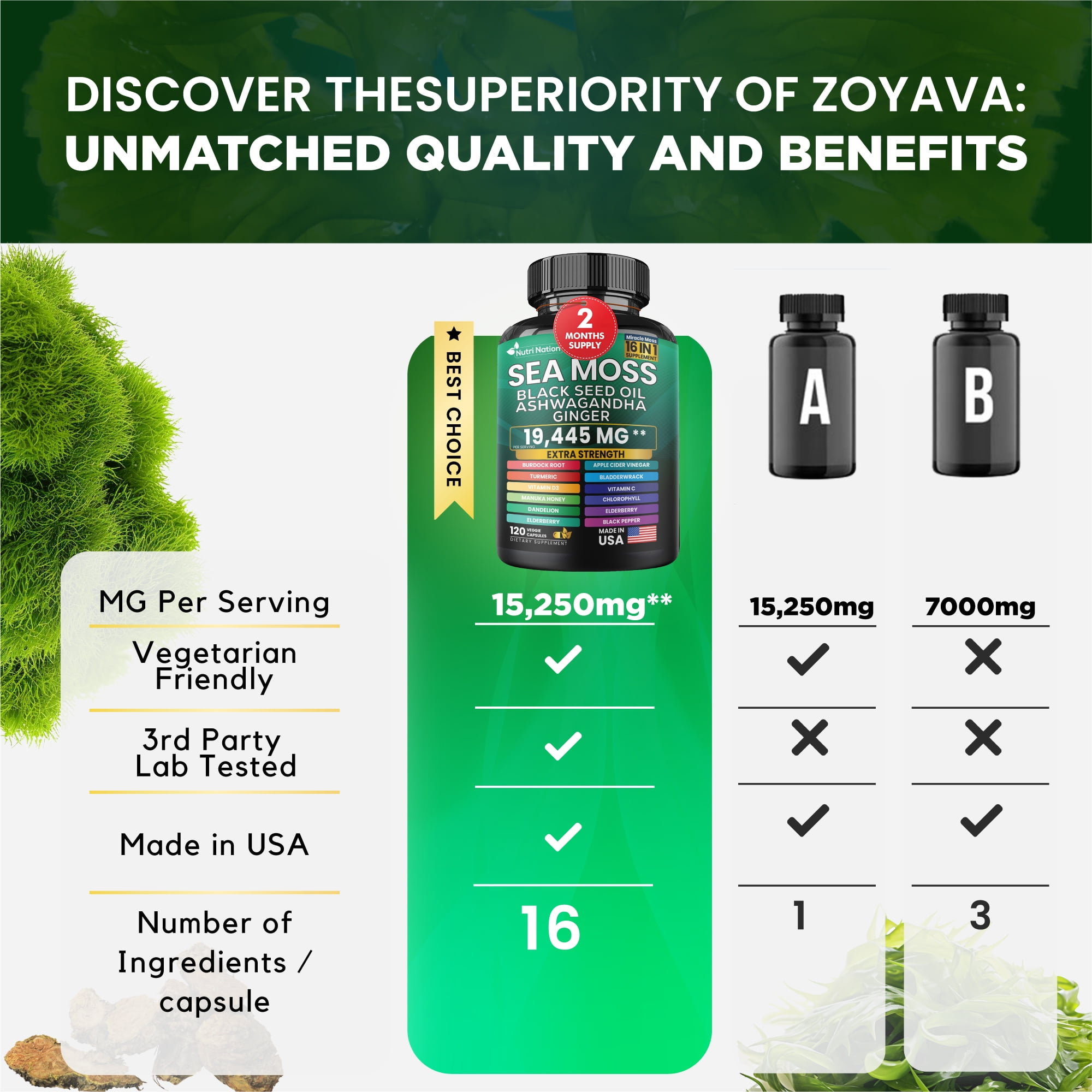 Nutri Nation Sea Moss with Ashwagandha 16 in 1, 120 Capsules 5 Bottles