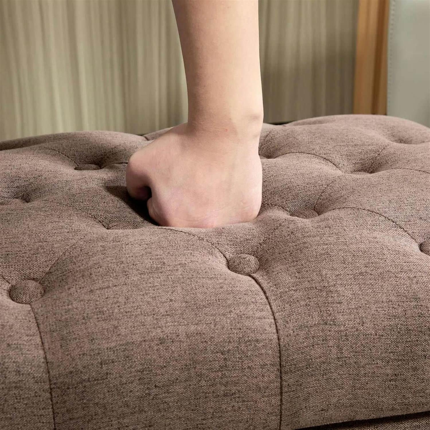 Demi Bonn 25" Storage Ottoman with Lift-Top Lid, Wooden Legs, Button Tufted Fabric Bench for Living Room, Brown