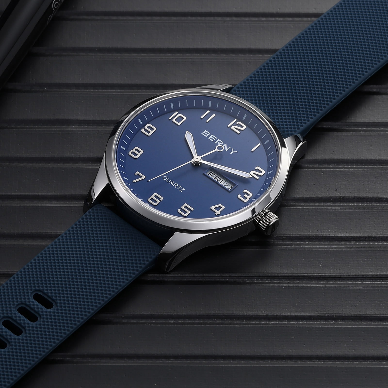 BERNY Modern Quartz Watch for Men Casual Easy Read Wristwatch with Arabic Numeral Watch Dial, Silicone Strap and Day & Date Calendar-Blue Dial