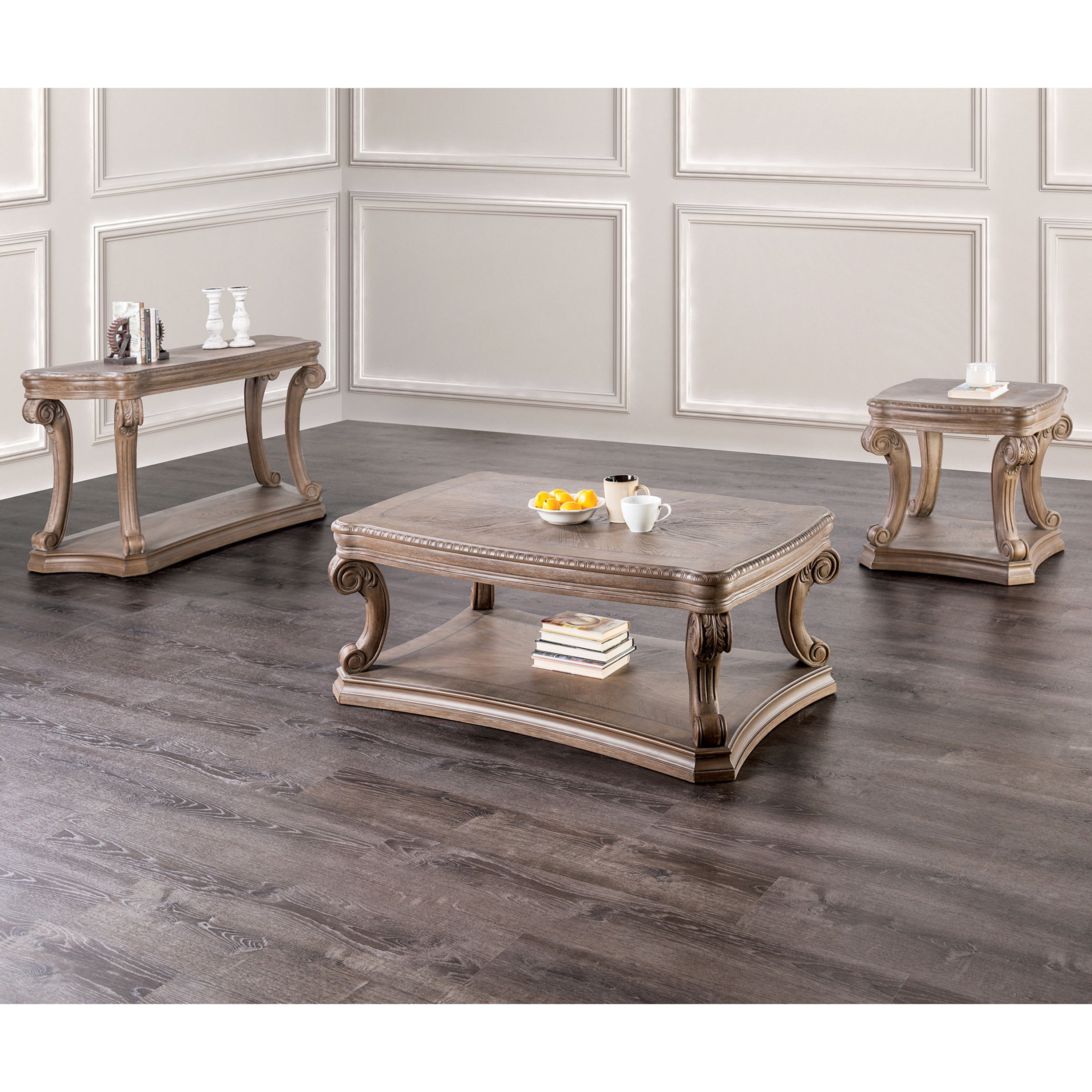 Furniture of America Protude Traditional Solid Wood 26-inch End Table with Bottom Shelf, Weathered Oak