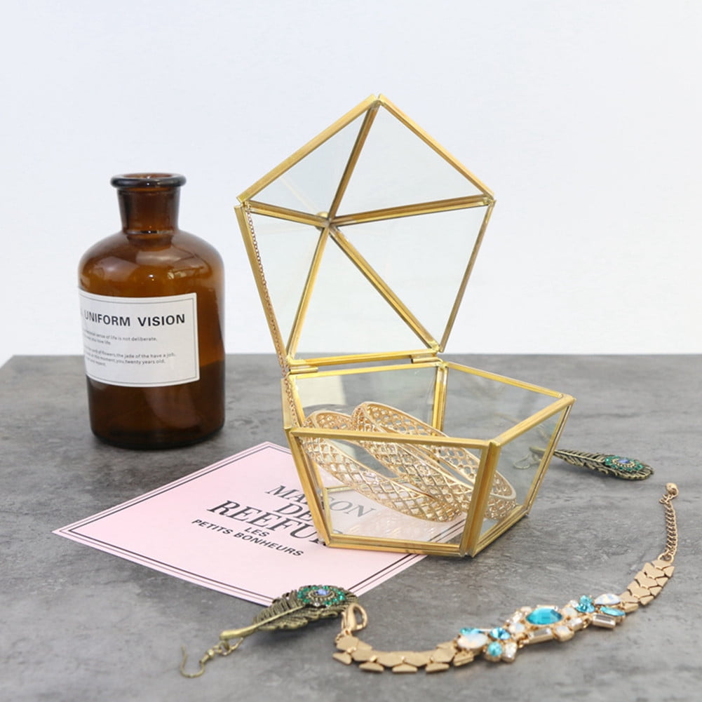 New Nordic Hexagonal Geometric Transparent Glass Flower Room Jewelry Storage Box 