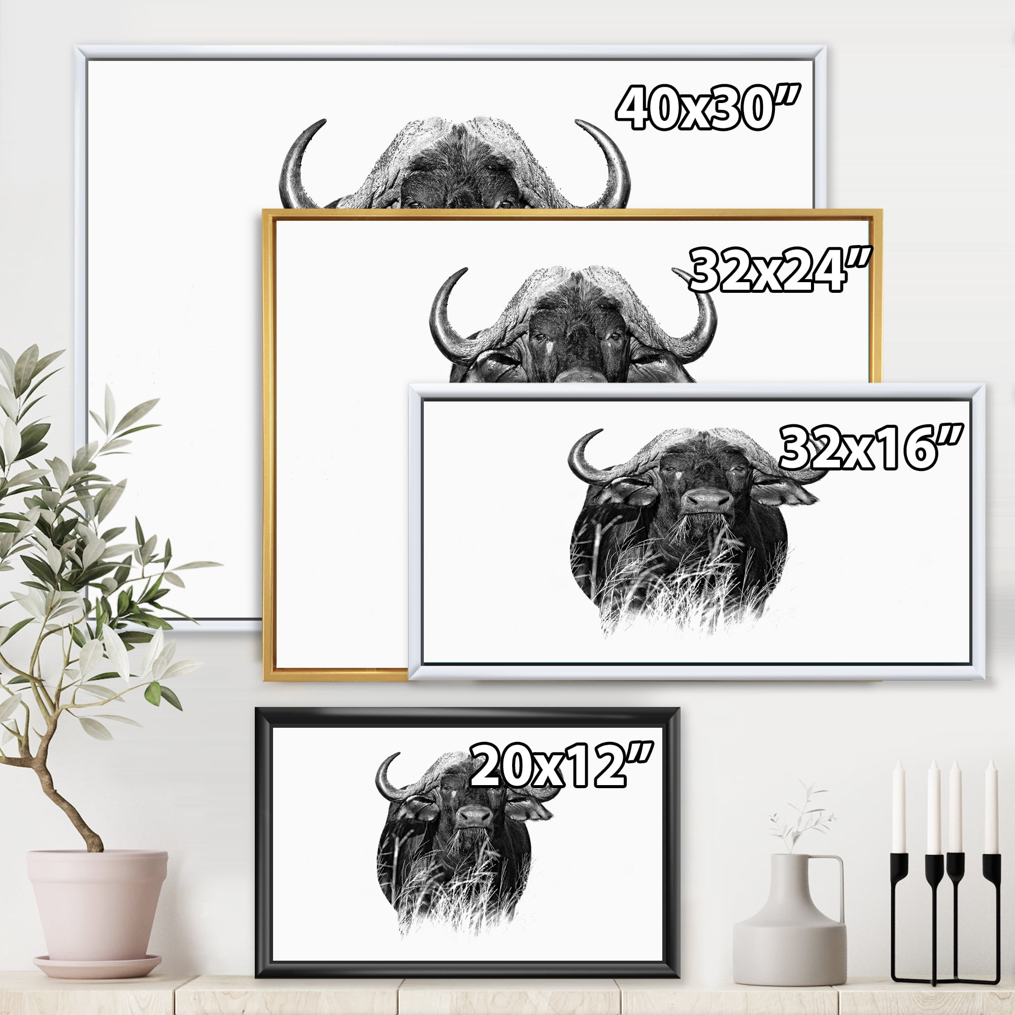 Black and White Portrait Of Buffalo IV 40 in x 30 in Framed Photography Canvas Art Print, by Designart