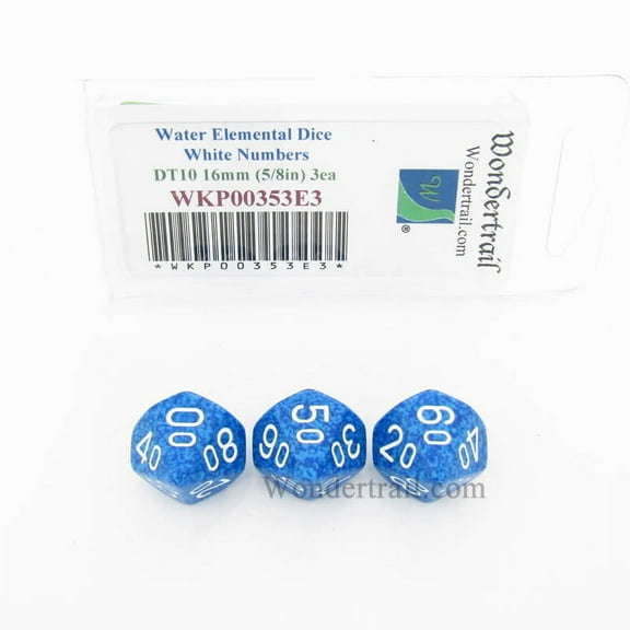 Water Elemental Dice 16mm DT10 (Tens Ten Sided Dice) 3pc with White Numbers