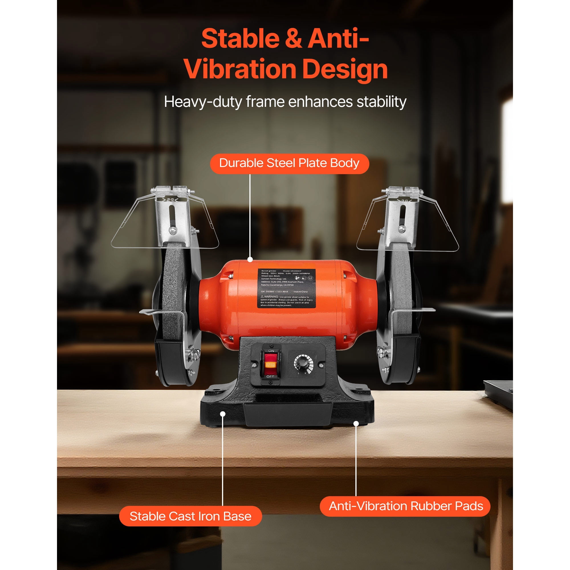 KFFKFF 8-Inch Variable Speed Bench Grinder, 2000-3450RPM Table Grinder with 550W Induction Motor, 36/60-Grit Grinding Wheels & Adjustable Eye Shield for Sharpening and Grinding Tasks