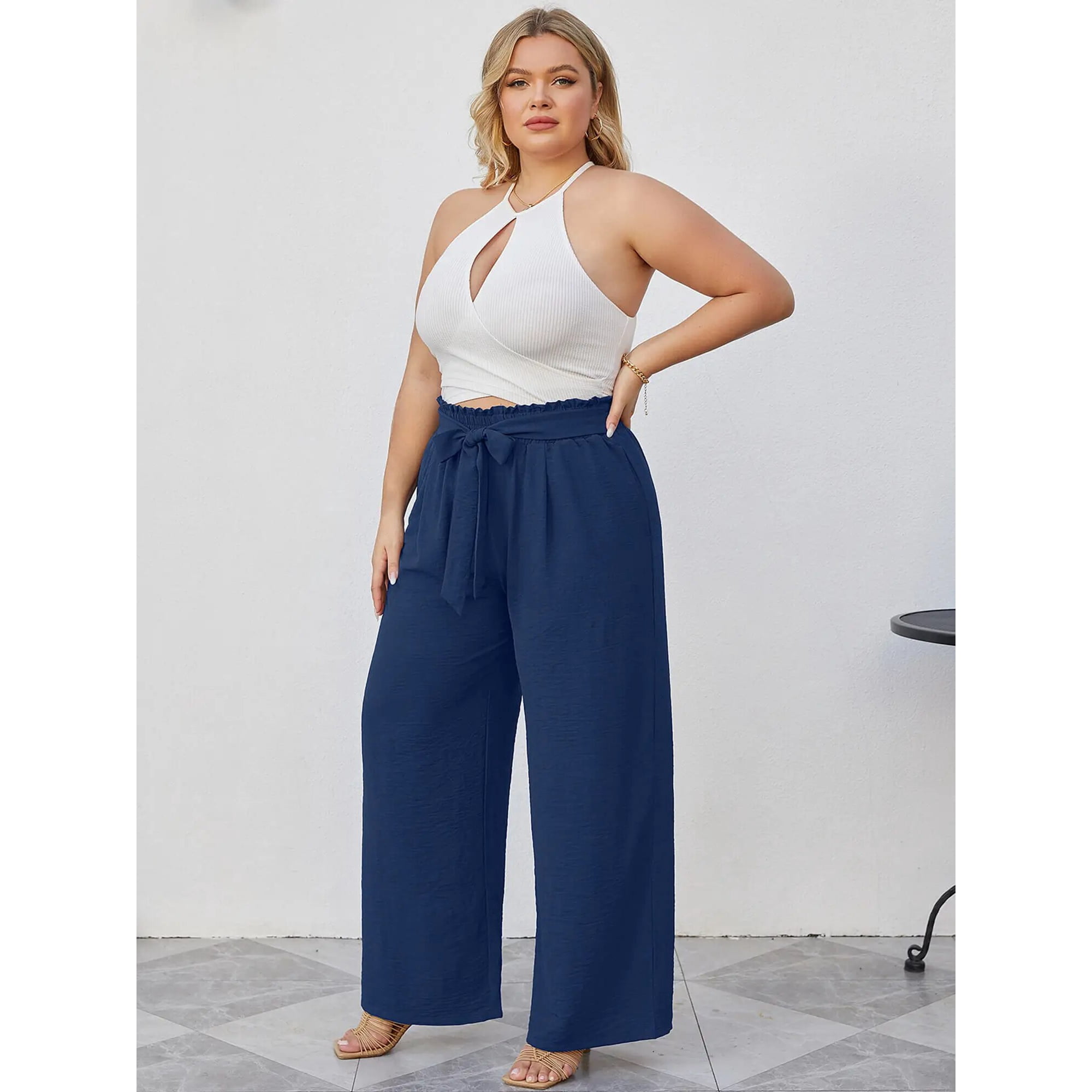 Showmall Pantalon Grand Taille Haute Léger pour Femmes Grande Taille avec Poches, Bleu Marine, 2X