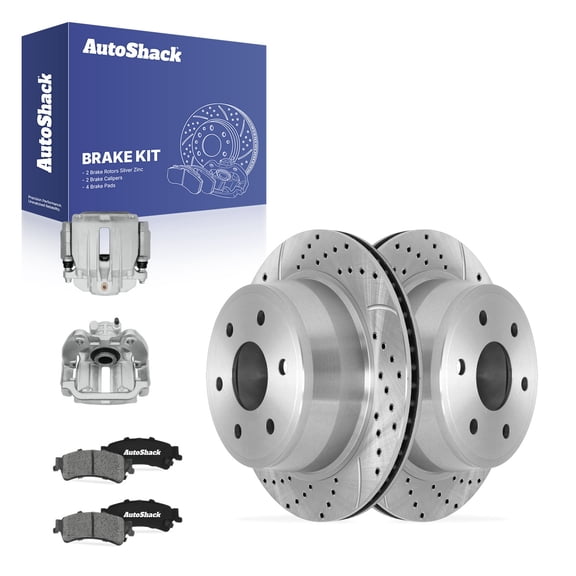 AutoShack Rear Vented Drilled & Slotted Silver Zinc Coated Brake Rotors   Ceramic Pads   Calipers 8-PC Brake Kit Replacement for 1999-2002 GMC Sierra 1500 SilverShield Pro 12.8" (325 mm)