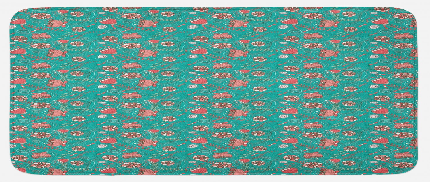 Turquoise Kitchen Mat, Abstract Floral Arrangement Hand Drawn Foliage with Circular Elements