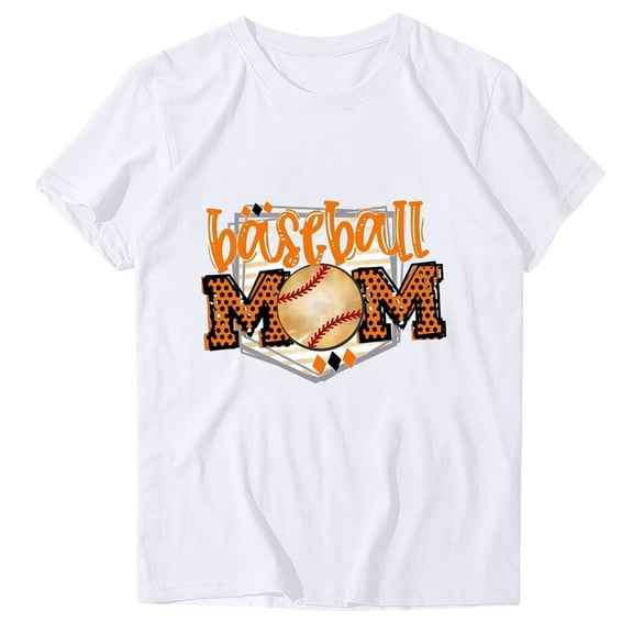 WREESH Loose Graphic Crew Neck T-Shirt for Women Baseball Mom Print Summer Blouse White