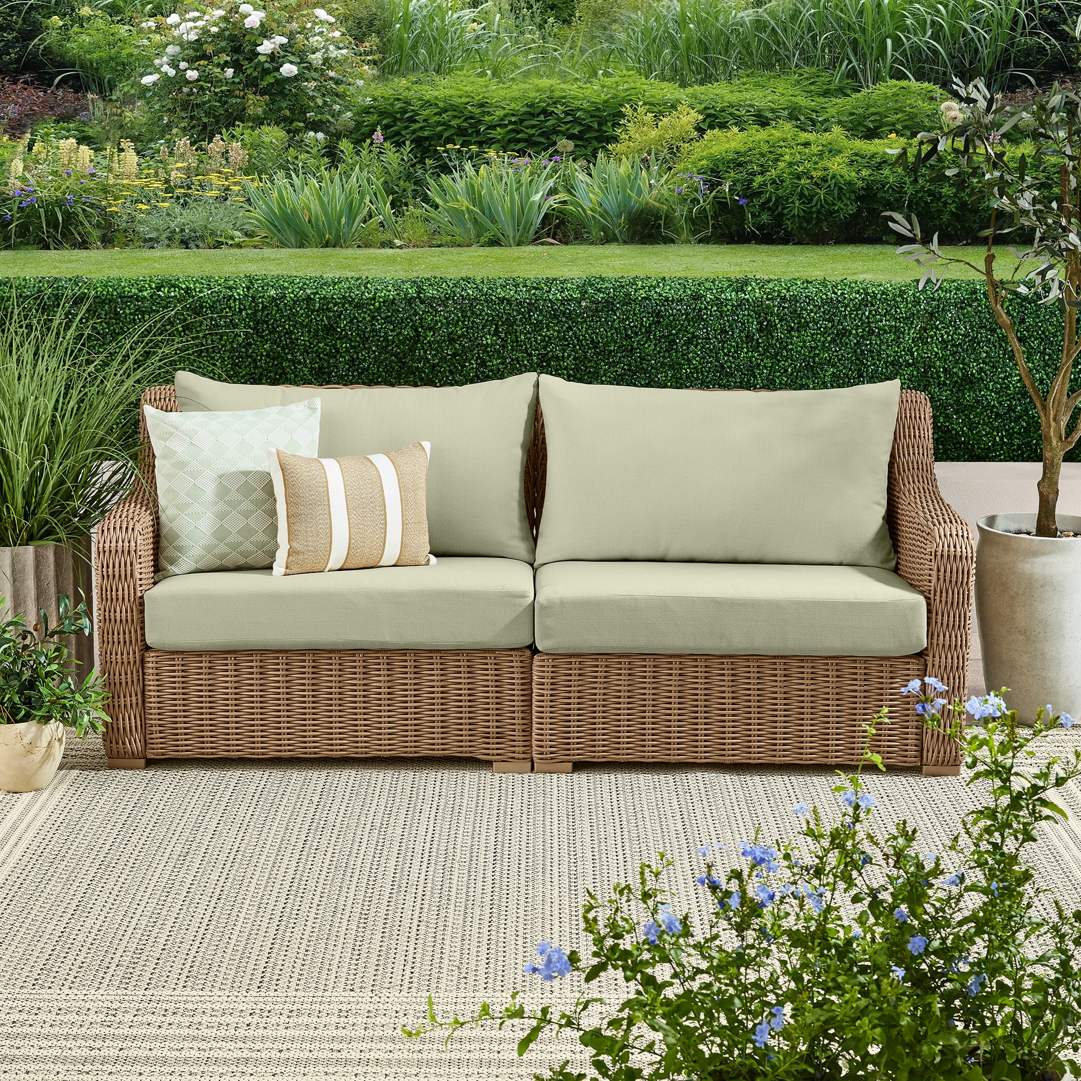 better homes & gardens bellamy outdoor 1pc sofa tan wicker/green cushion