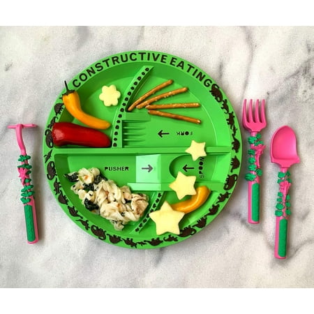 Constructive Eating Made in USA Combo with Set of 3 Garden Fairy Utensils and Dinosaur Plate for Toddlers, Infants, Babies and Kids - Made With Materials Tested for Safety
