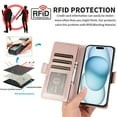 thumbnail image 2 of Compatible with iPhone 15 Wallet Case with Credit Card Holder & Cash Slot, RFID Blocking Durable PU Leather Flip Magnetic Protective Stand Cover Wrist Strap Women Men,Rosegold, 2 of 6