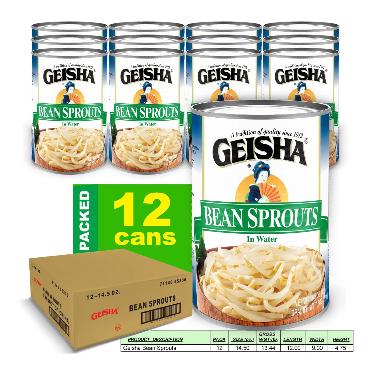 GEISHA Bean Sprouts In Water 14.5OZ. (Pack of 12), Bean Sprouts | Kosher Certified － No Transfat － Gluten Free－Less than 100 Calories per Container － Ready to Eat －Long Selling Item