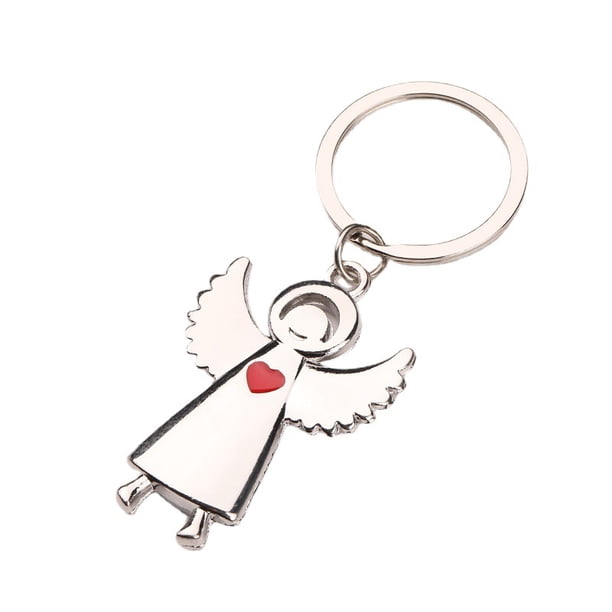 Llavero con forma de ángel plateado con detalle de corazón rojo, 3 x 6 cm