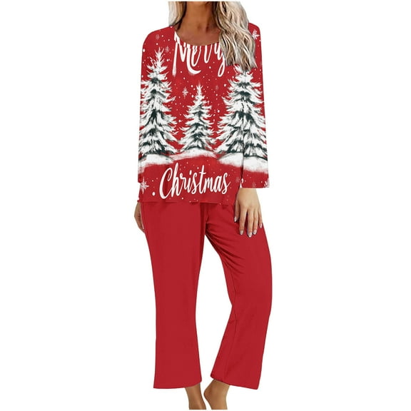 asdoklhq Womens Flannel Pajamas Sets Ladies' Christmas Printed Casual Top Pants Pajama Set Red 2X