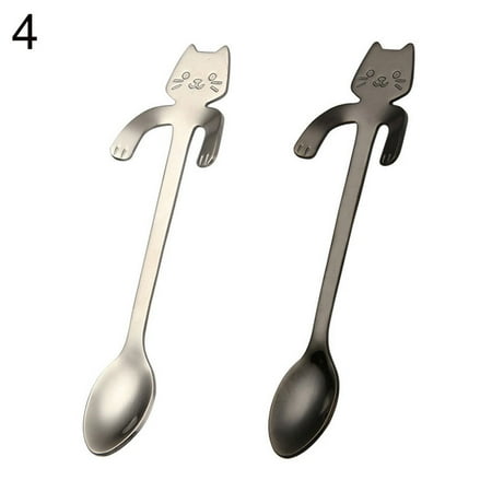 

XIDS 2Pcs Stainless Steel Spoon Cartoon Cat Long Handle Lovely Dessert Soup Flatware
