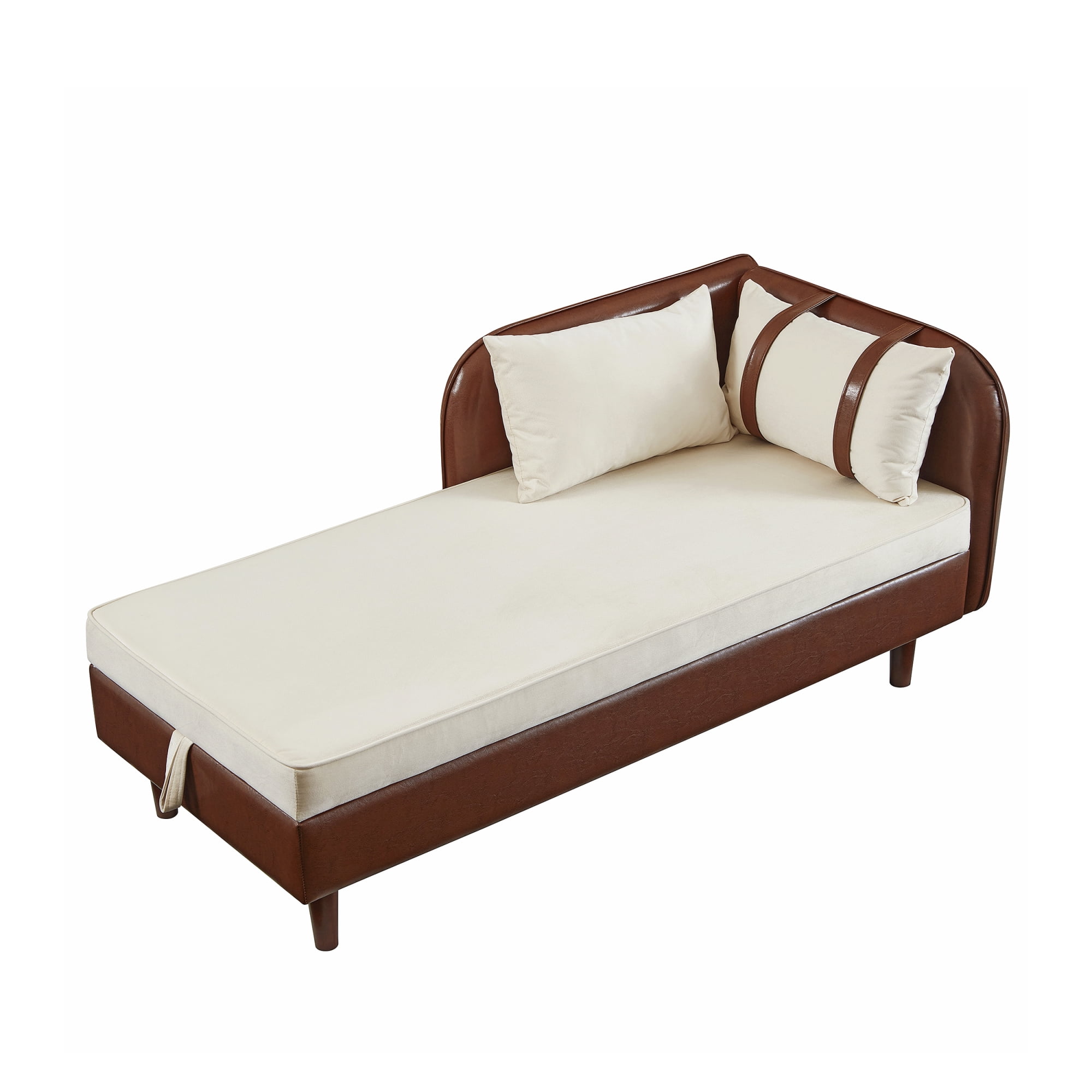 Leumius 65" Chaise Lounge Indoor,PU Leather Velvet Lounge Chair Sofa with Storage and 2 Pillows,Brown+Beige