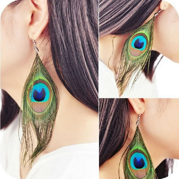 Kiplyki Style Peacock Feather Silvery Hook Womens Dangle Earrings Eardrop