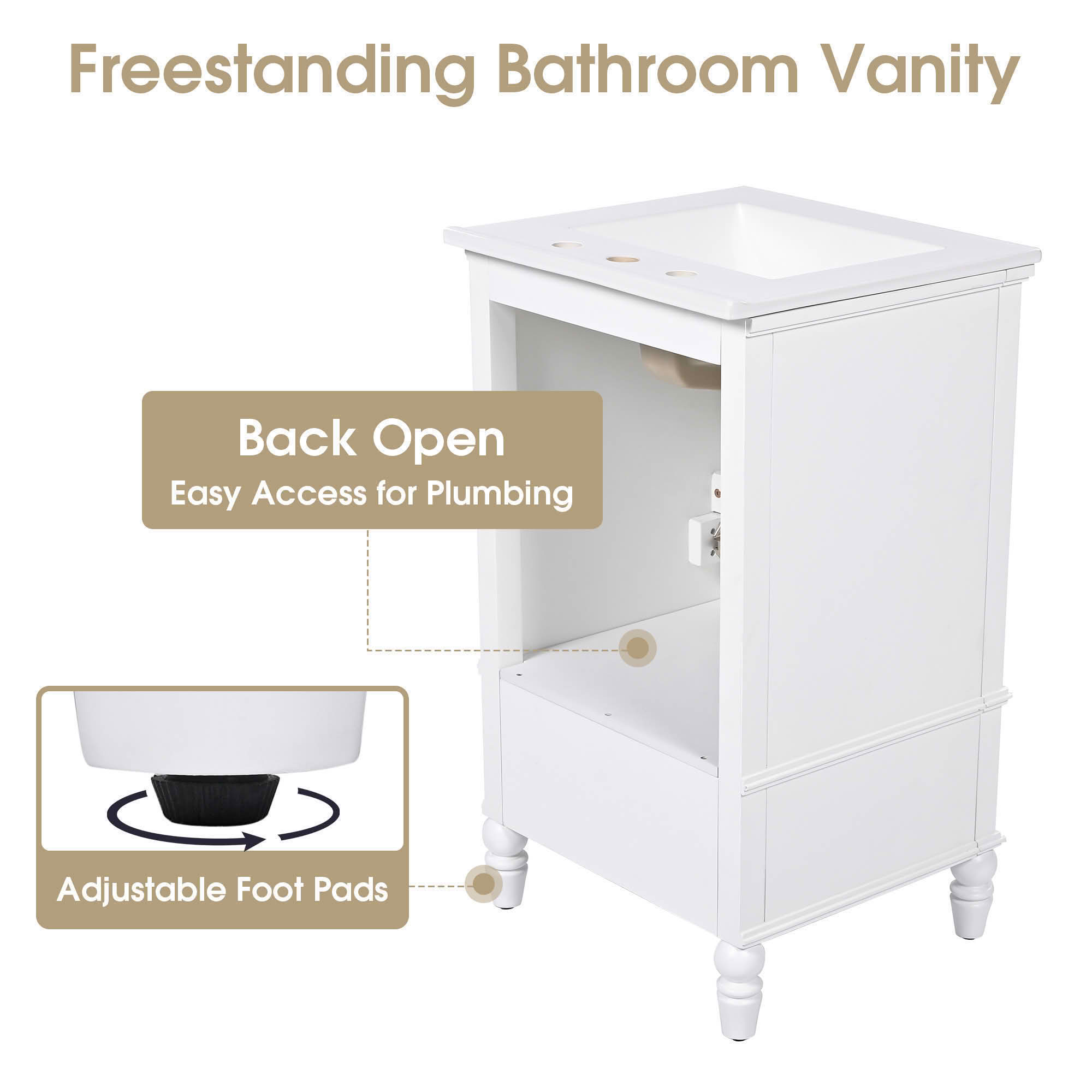 MAYEERTY 20" Bathroom Vanity with Sink 2 Doors Magnetic Stopper Adjustable Foot Pads Drawer White