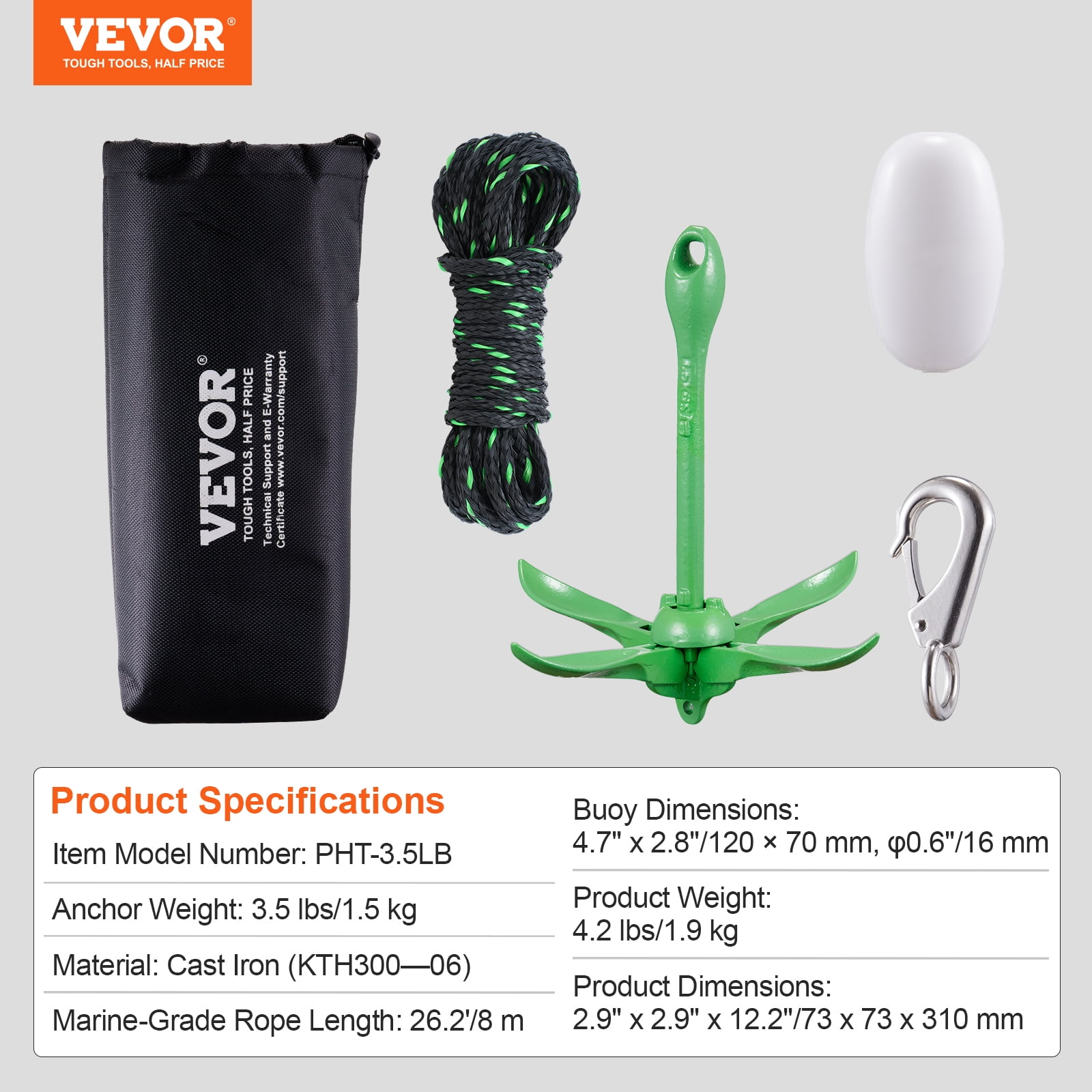 VEVOR Kayak Anchor Kit, 3.5 lb. Paddle Board Anchor Kit with 26.2 ft./8 m Rope and Buoy, Folding Small Boat Anchor with Storage Bag and Snap Hook, Kayak Accessories