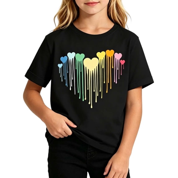 Acaics Girls Printed T-Shirt, Sizes 2–12, Soft Cotton Crew Neck Rainbow Dripping Heart Graphic Casual Short Sleeve Tops For Little Kids Daily Playwear
