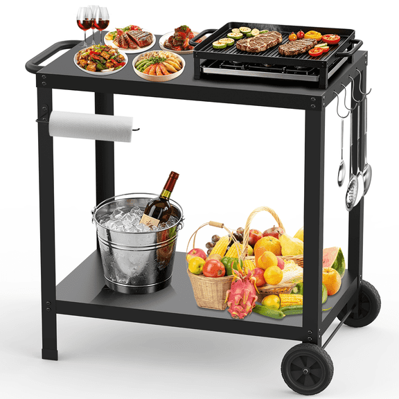 Outdoor Grill Cart, 2-Shelves Grill Tables for Outside, Kitchen Food Prep Table with Wheels, Pizza Oven Stand, Black
