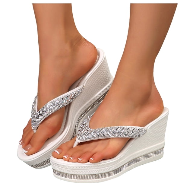 Dakaela Women's Platform Flip Flop Rhinestones Arch Support Summer Thong Sandals Soft Cushion Slippers