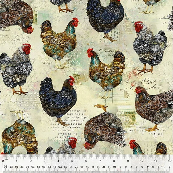 Cotton Boho Chick Rustic Chickens Vintage Roosters Hens Wire Fence Words Windham Fabrics Cream Cotton Fabric Print by the Yard (54561D-2)