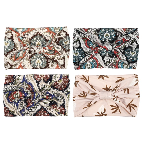 4 piezas de diadema anudada de lado ancho impresa Bohemia para mujeres en rojo, azul, blanco, naranja y rosa