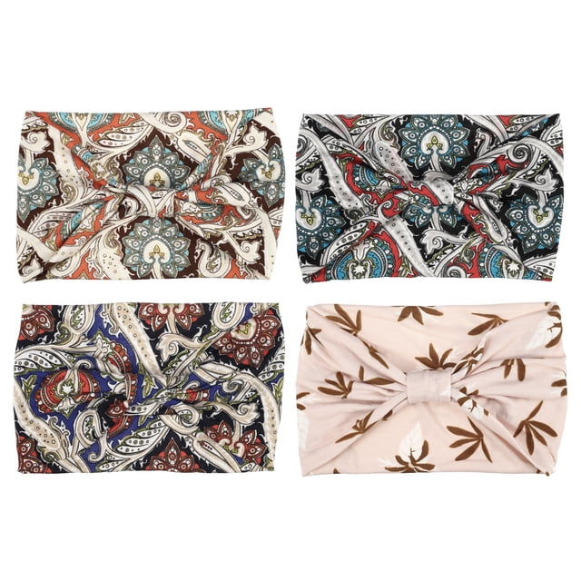 4 piezas de diadema anudada de lado ancho impresa Bohemia para mujeres en rojo, azul, blanco, naranja y rosa