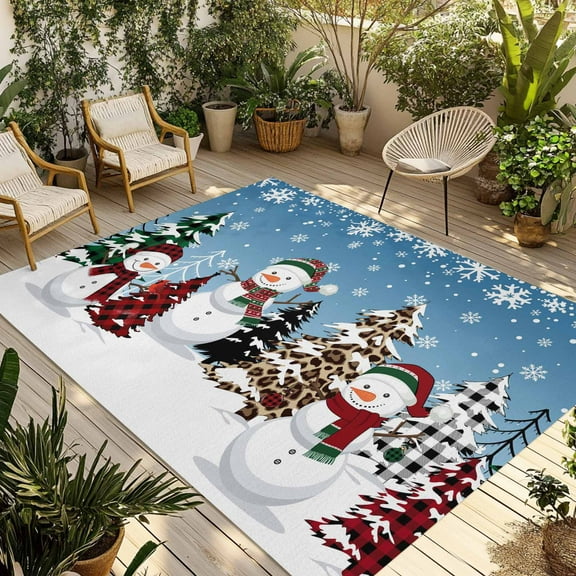 Fsddascl Christmas Snowman Blue Outdoor Rug for Patio/Deck/Porch, Non-Slip Large Area Rug 5 x 8 Ft, Xmas Tree Snowflake Indoor Outdoor Rugs Washable Area Rugs, Reversible Camping Rug Carpet Runner