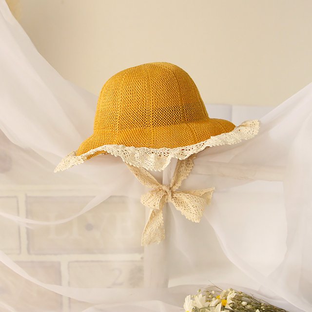 Pudcoco Toddlers Straw Hat Lace Decoration Outdoor Sun Protection Bucket Cap
