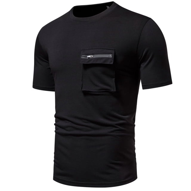 Shirts for Men, Mens Summer Solid Color Slim Fitting Pocket Short Sleeved Round Neck Shirts