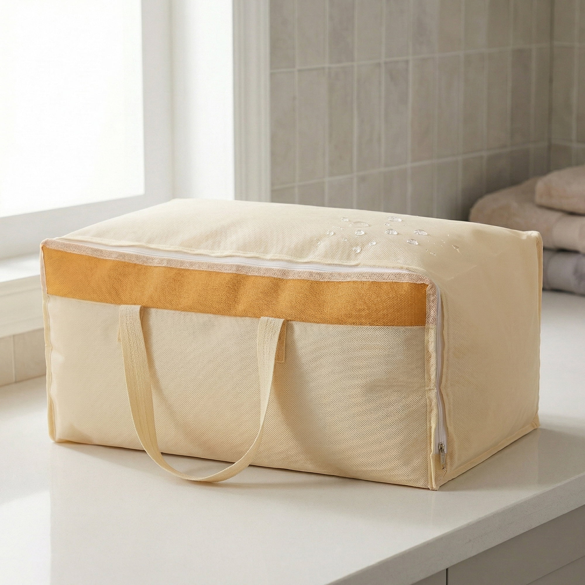 Unique Bargains Foldable Storage Bags for Taking in Clothes Beige 27.6"x19.7"x9.8"