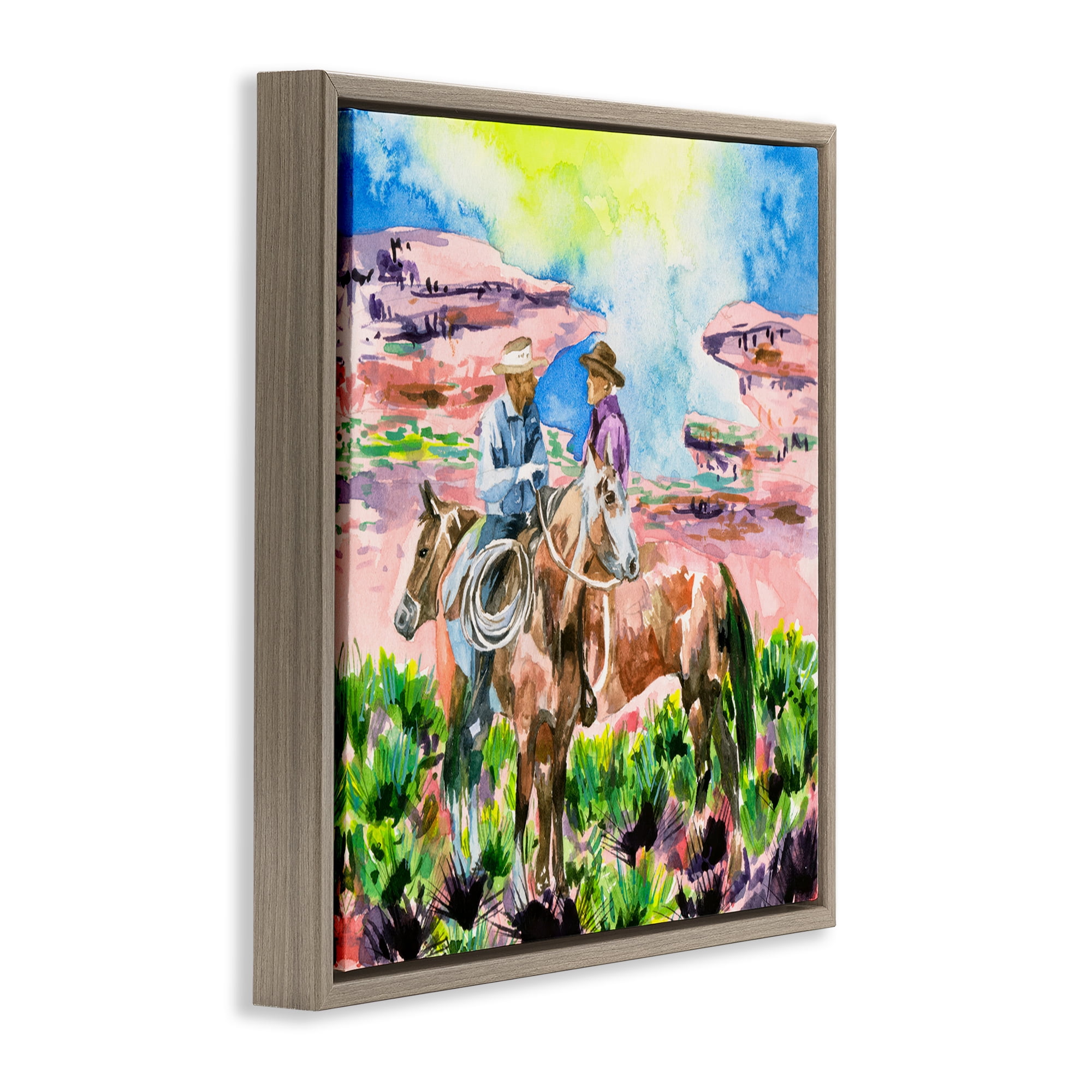 Stupell Industries Cowboy Duo in Canyon Animals Painting Brown Floater Framed Canvas Art Print Wall Art, 18 x 18