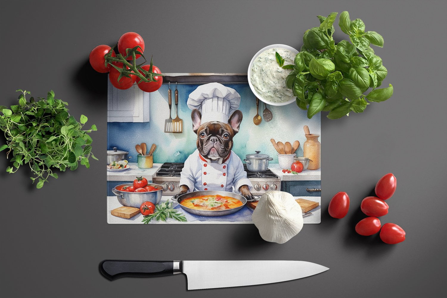 French Bulldog The Chef Glass Cutting Board 12 in x 15 in