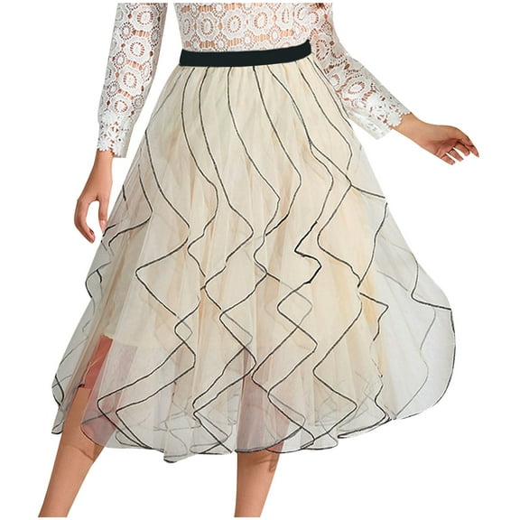 Lovskoo Women's Sweet Ruffled Tutu Tulle Skirt Elastic High Waist Tiered Mesh Midi Skirt White