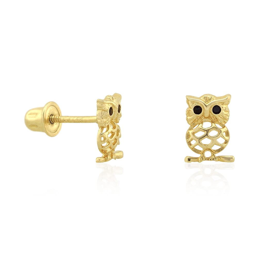 14k Yellow & White Gold Natural Onyx & Ruby Owl Screwback Stud Kid Earrings 14k Yellow & White Gold Natural Onyx & Ruby Owl Screwback Stud Kid Earrings